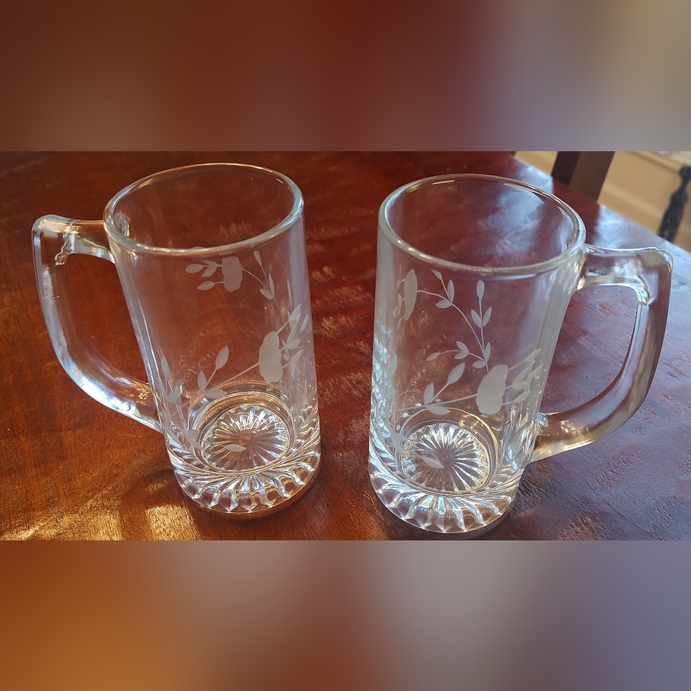 Elegant Clear Glass Mugs with Etched Floral Design